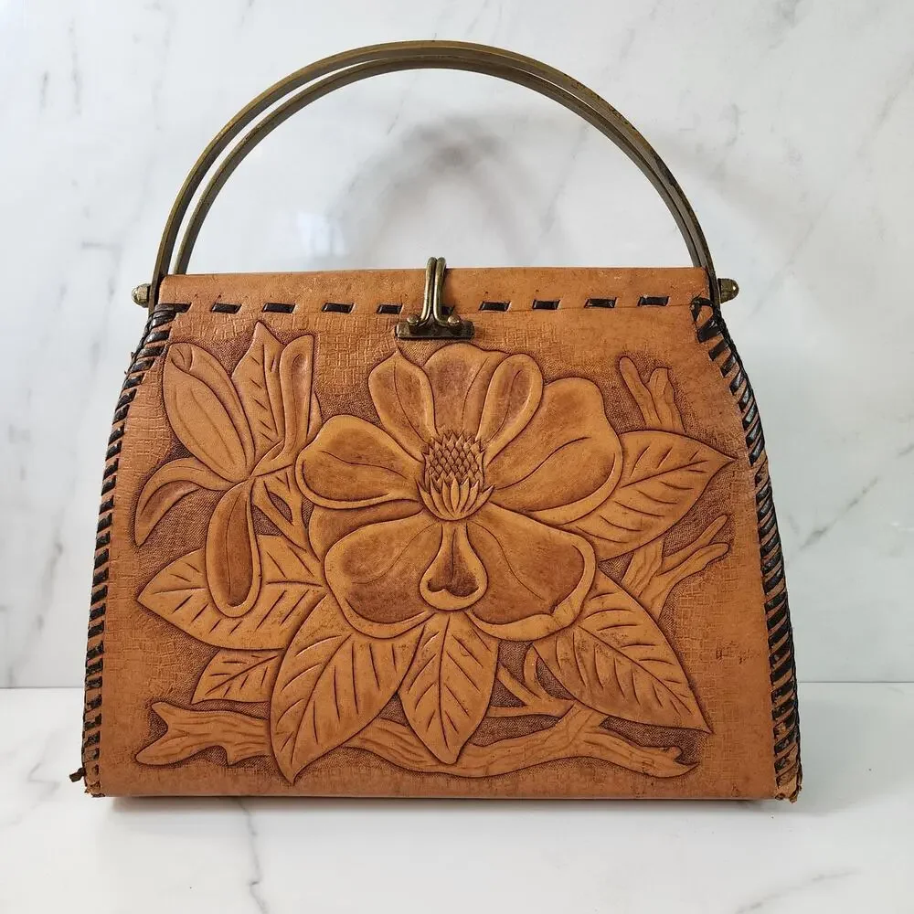 Vintage Tooled Leather Floral Handbag Artisan Western Purse